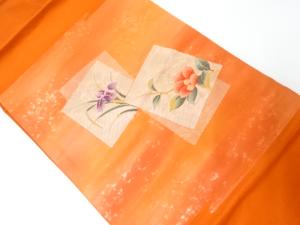 菖蒲に椿模様織り出し名古屋帯